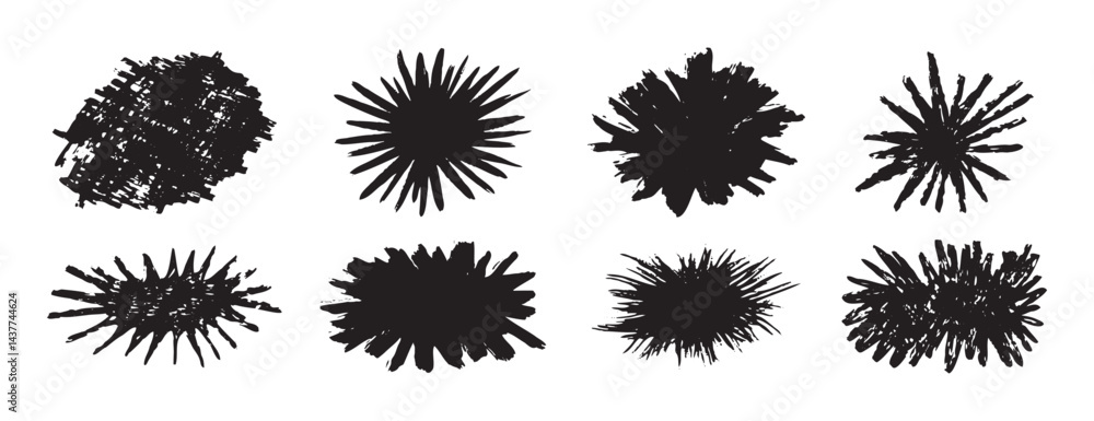 Poster burst brush strokes vector set. grunge exploding shape text boxes. dirty distress texture shape set