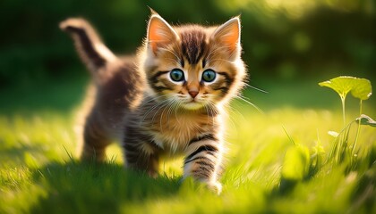 Obraz premium Kleines getigertes Kätzchen auf grünem Rasen
