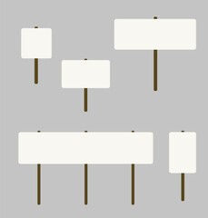 Protest sign boards, empty placard with wooden pole for demonstration, strike, campaign or social action, blank poster and paper board for announcement or message. Isolated on white background.