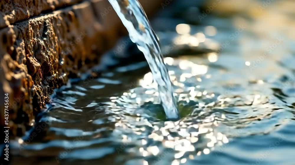 Poster water pouring from pipe with flowing fountain creating a serene and refreshing atmosphere