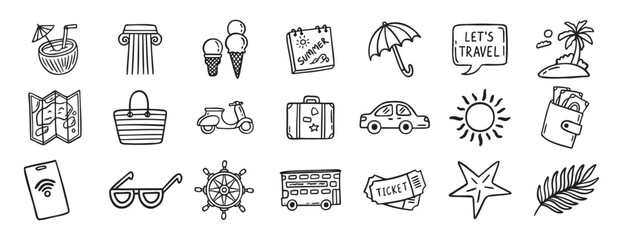 travel doodle hand drawn icon set. Outline drawing travel tourism line clipart symbols