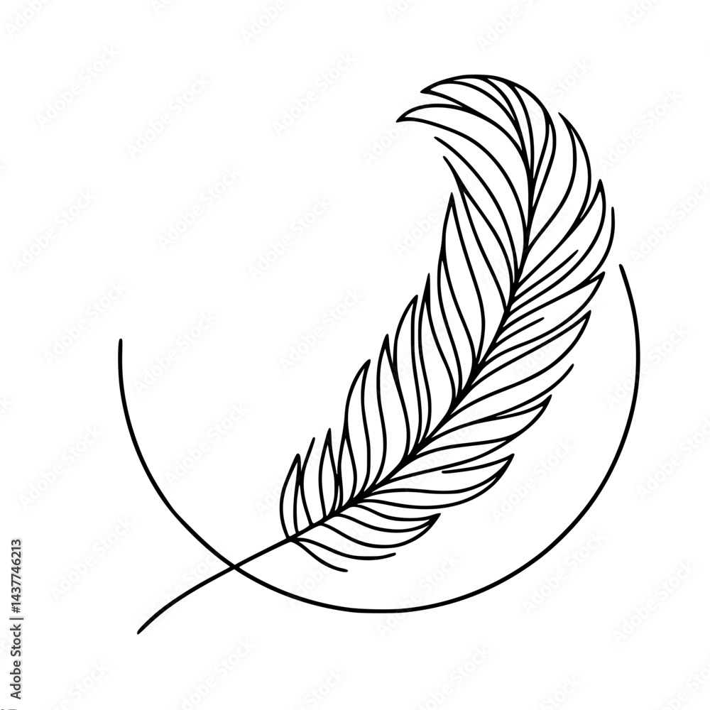 Poster linear feather design with circular outline , single line outline vector