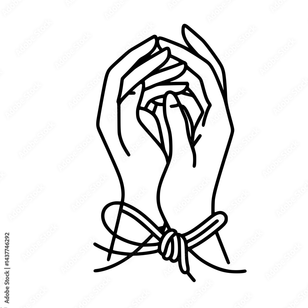 Poster hands tied together in unity with a single line art style, outline vector