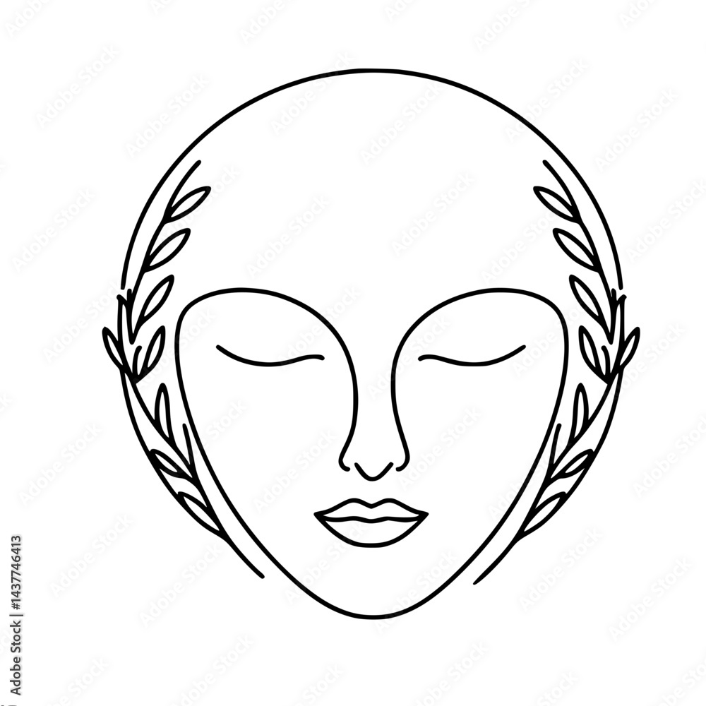 Aufkleber simple line drawing of a serene face with laurel leave, single line outline vector