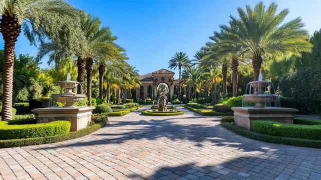 Luxury Estate Entrance with Palm Trees.