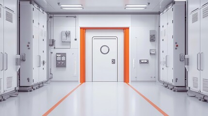 Sterile Corridor with Door: Crisp, clean corridor with prominent door for medical or industrial setting.