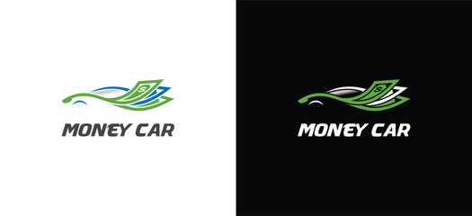 Money car logo. Vector illustration of car design and dollar banknotes combined