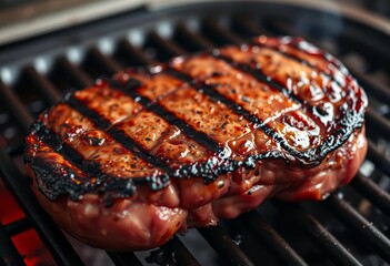 Deeply charred, juicy steak, perfectly seared grill marks, crispy edges, food advertising, texture