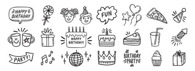 Set of Happy Birthday for kids doodles. Sketch of party decoration, gift box, cake, party hats. Birthday doodle hand drawn icon set.