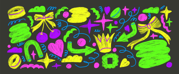 Abstract shapes neon highlights set. Naive vibrant colors doodle figures on dark background. Crown, cherry, heart and geometric forms collage elements. Vector girly punk illustration by pencil.