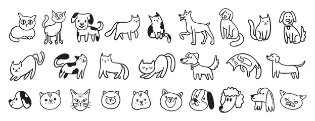cute dogs and cats doodle hand drawn icon set. Sitting, standing. Outline drawing cats and dogs faces line clipart symbol collection