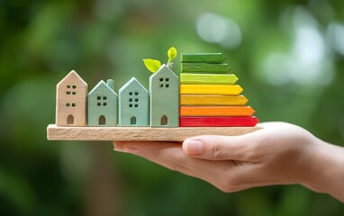 House energy efficiency, energy efficient rating class concept, eco home renovation save cost. Low-consumption ecological house. Hand holding Green Building for Sustainable Development Concept