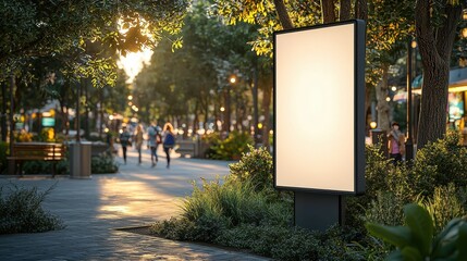 Empty Billboard in Urban Park Surrounded by People and Trees
