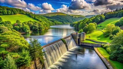 Fototapeta premium Bewl Water Dam Scenic Landscape, Mountain Waterfalls