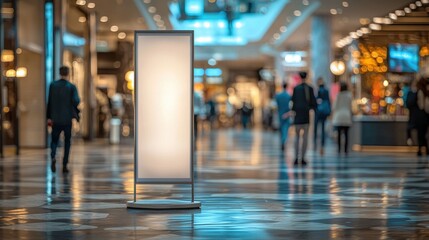 Fototapeta premium Empty Display Stand in Modern Shopping Mall Aisle with Shoppers Walking