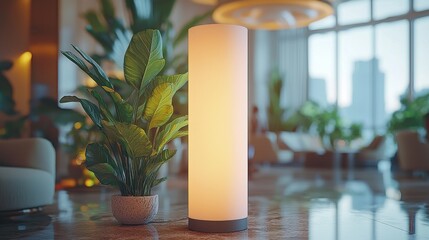Elegant Modern Lamp and Lush Plant in Bright Indoor Space