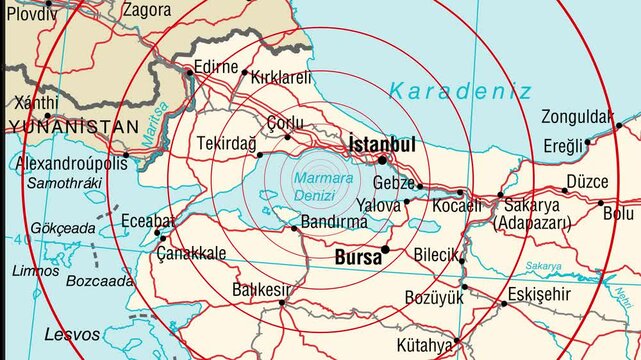 Expanding red circles show the range of an earthquake wave from Istanbul, Turkey