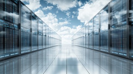 Futuristic data center with rows of servers under a bright sky and reflective surfaces