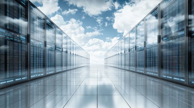 Futuristic data center with rows of servers under a bright sky and reflective surfaces - Powered by Adobe