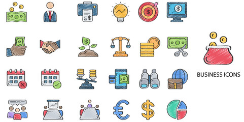 Business simple concept 24 color hand drawn icons set. Contains such money, employee, clipboard, key, pie chart, pyramid, money growth, presentation, files, good idea, payment .Vector illustration.