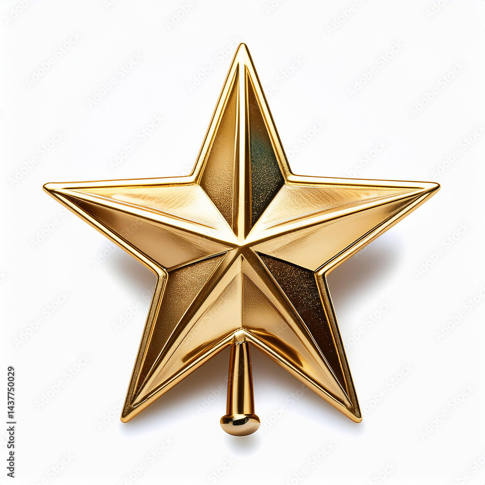 Poster shiny gold star rests. decoration has five points. top object with smooth surface reflects light. sy