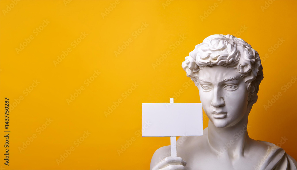 Poster statue holds up empty sign. white stone figure poses with blank message board. yellow background mak