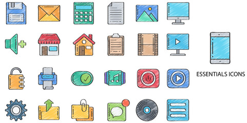 Essentials simple concept 24 hand drawn color icons set. Contains such appliance, electrical equipment, television set, domestic life .Vector illustration.