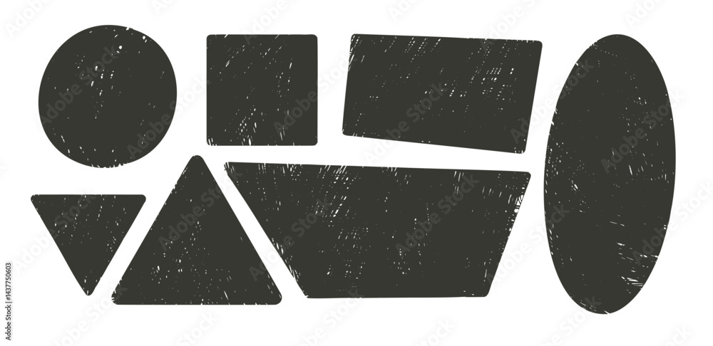 Poster ink lino rolled geometric shapes with noise set. text boxes grainy textured frames pack. rhombus, pe