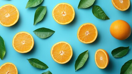 Fototapeta premium Oranges, leaves, blue background, flat lay, food