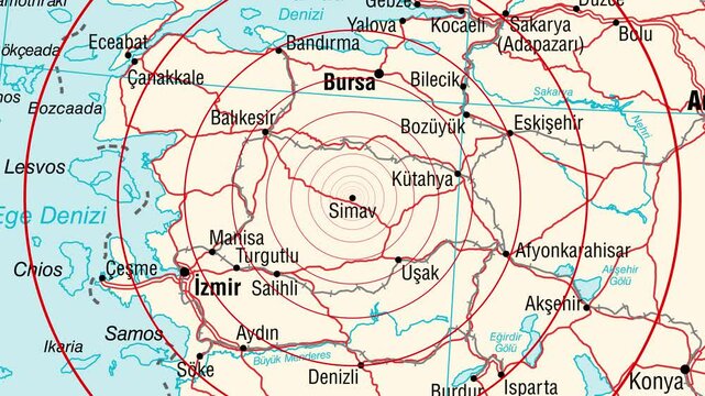 Expanding red circles show the range of an earthquake wave from Kutahya, Turkey