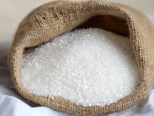 A jute sack filled with a large quantity of white granular substance sits atop a white cloth.