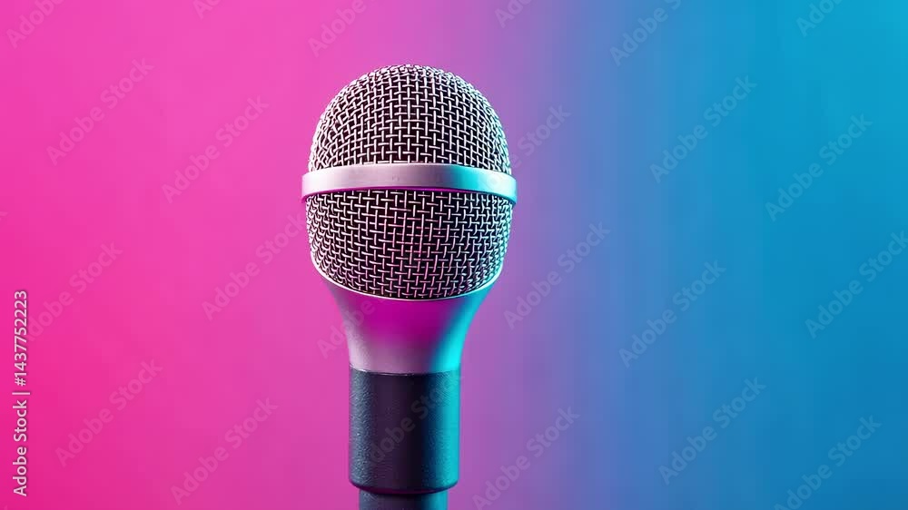 Poster Classic microphone rotating on a stand, illuminated by vibrant, changing pink and blue neon lights, creating a dynamic and captivating visual