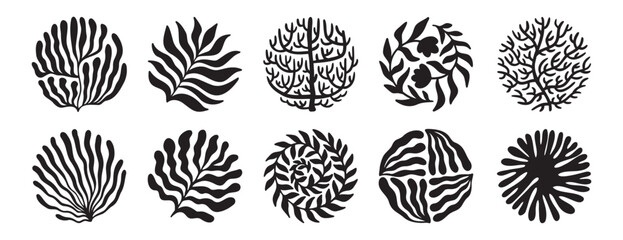 Round organic flower elements set. Trendy circle floral coral shapes and wavy curves. groovy outlines and naive art blossom boho decor