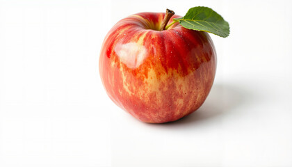 Fresh red apple with leaf against white background  