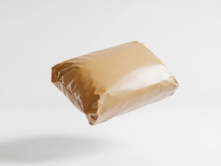 Tan package floats in studio, its shape amorphous yet defined against a bright background, casting a soft shadow.