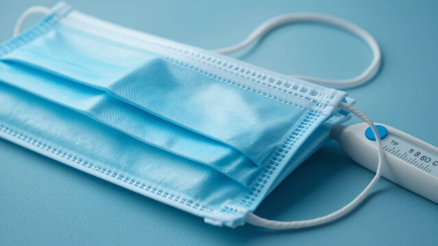 Close-up of a light blue disposable face mask and a white digital thermometer resting on a smooth light blue surface.