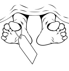 Illustration of a deceased man in a morgue with a leg tag on a transparent PNG background. Concept of death by accident, homicide, or fatal automobile accident.