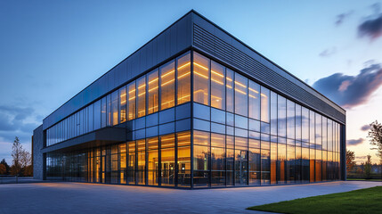 Fototapeta premium Sleek commercial building with large glass windows, showcasing modern architecture and elegance