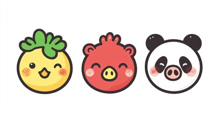 Cute cartoon animals chick, pig, panda; white background; children's illustration