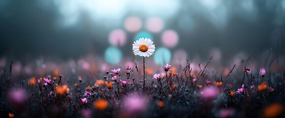 Serene meadow scene single daisy stands tall among vibrant wildflowers in a dreamy setting