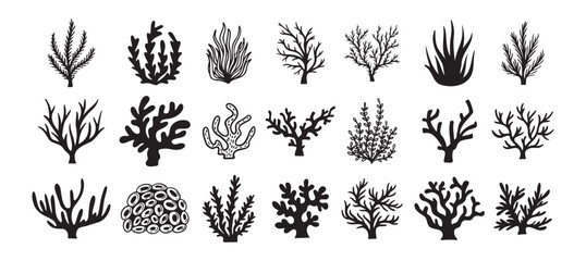 Coral silhouettes, seaweed black icon. Abstract organic corals shape, underwater plant, sea doodle. Cartoon marine floral isolated set 
