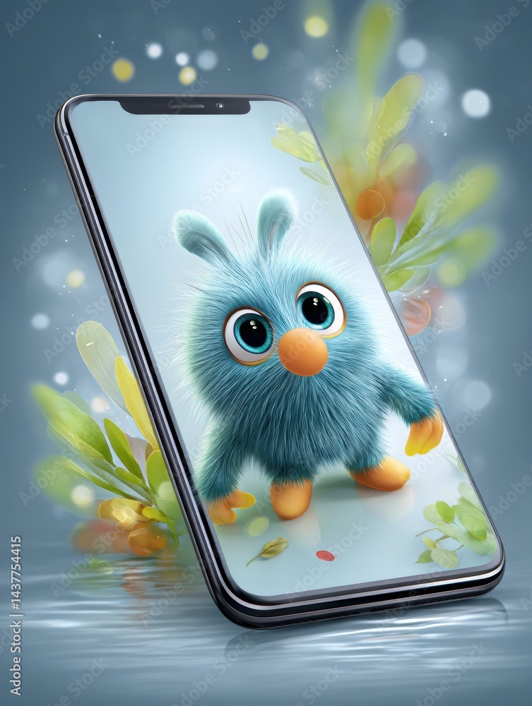 Poster Smartphone Displays Virtual Pet App Featuring Animated Creature With Bright Colors and Interactive Features on a Serene Background