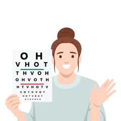 Woman holds up an eye test chart, promoting vision care and eye health awareness. Flat vector illustration isolated on white background
