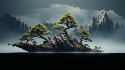 Miniature bonsai "peaks" rising from the bottom