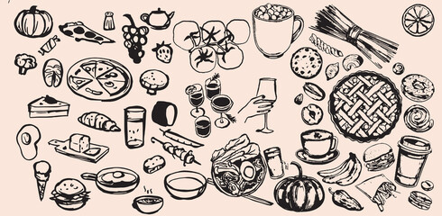 Hand drawn vintage any type of food in all vectors. Such as : Italian, Asian, Mexico and etc