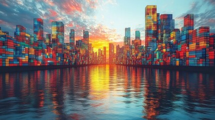 Vibrant sunset over a city skyline filled with colorful shipping containers reflecting on water