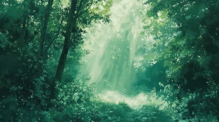 Mystical forest path, sunbeams, background trees, game design