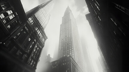 Majestic skyscrapers rise in foggy urban landscape, creating dramatic atmosphere