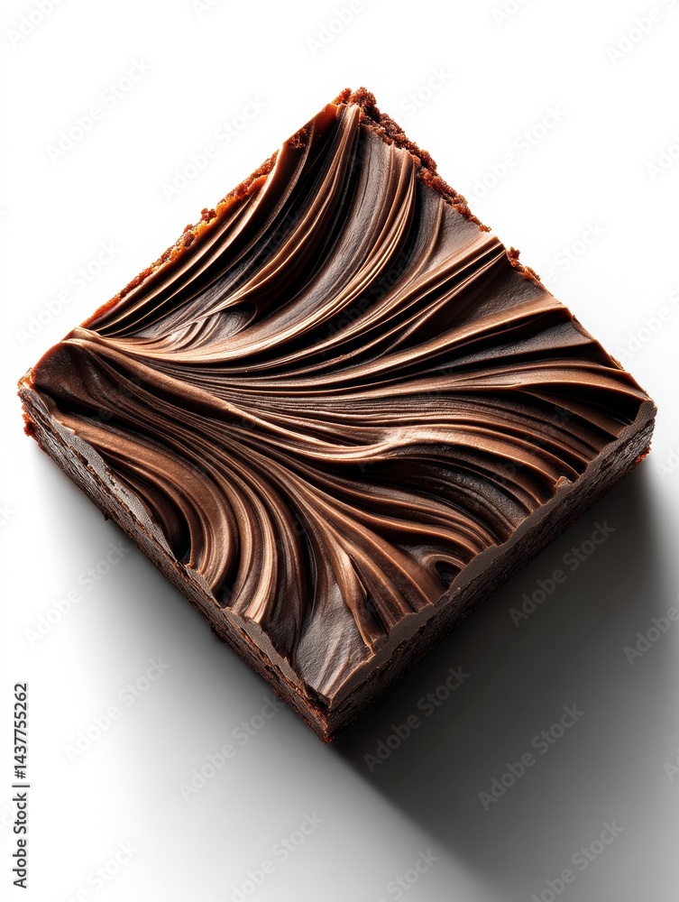Poster delicious brownie square with a smooth chocolate swirl on a white background casting dramatic shadow