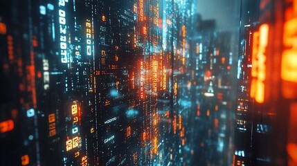 Obraz premium Dense city scape. Futuristic neon lights create dynamic perspective